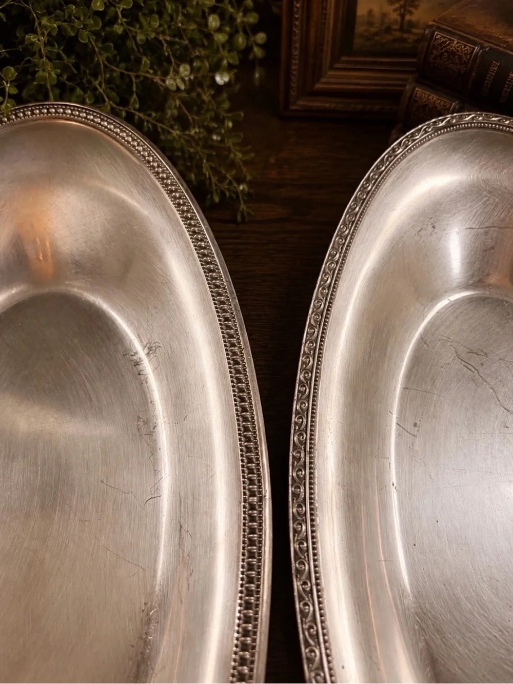 Pair Vintage Oneida Silverplate Oval Serving Dishes 12” Different Rim Patterns